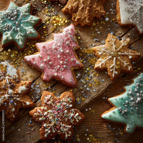 Wallpaper Mural Top view of a festive holiday scene, colorful Christmas cookies and gingerbread in shapes of trees, snowflakes, and stars. High quality photo Torontodigital.ca