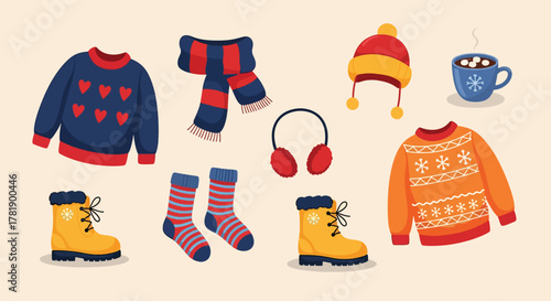 Cozy Winter Clothing and Hot Drink Collection for Cold Weather.
