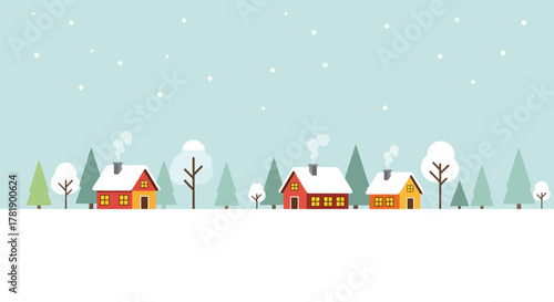 Cozy winter village scene with snow-covered houses and trees.