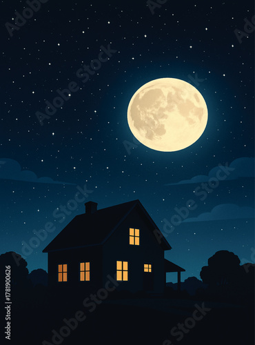 Home Under a Starry Sky – Dreamy Night Illustration