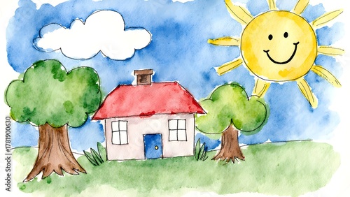 Watercolor Happy House in Sunny Landscape