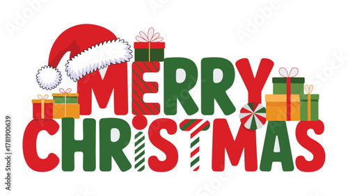 Festive Christmas Greeting: A vibrant illustration of Merry Christmas, decorated with a Santa hat and wrapped gifts, perfect for spreading holiday cheer.
