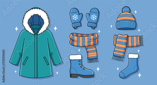 Cozy Winter Clothing Set with Parka, Hat, Mittens, Scarf, and Boots.