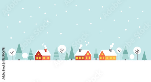 Cozy Winter Village Scene with Snowing Houses and Trees.