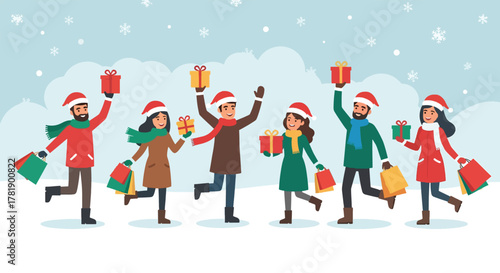 Diverse group of people in Santa hats celebrating Christmas with gifts.