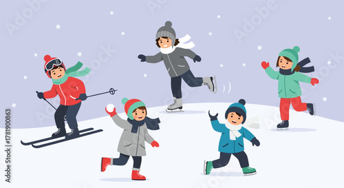 Diverse group of children enjoying various winter sports and activities in the snow.