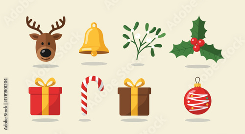 Festive Christmas Icons - Reindeer, Gifts, Ornaments, and Holly.
