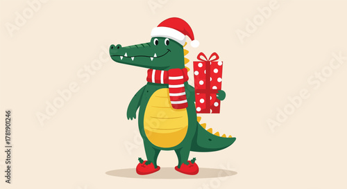 Festive green alligator wearing a Santa hat and scarf, holding a Christmas gift.