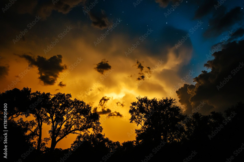 Fototapeta premium A storm rolling in, with trees swaying under the celestial glow 