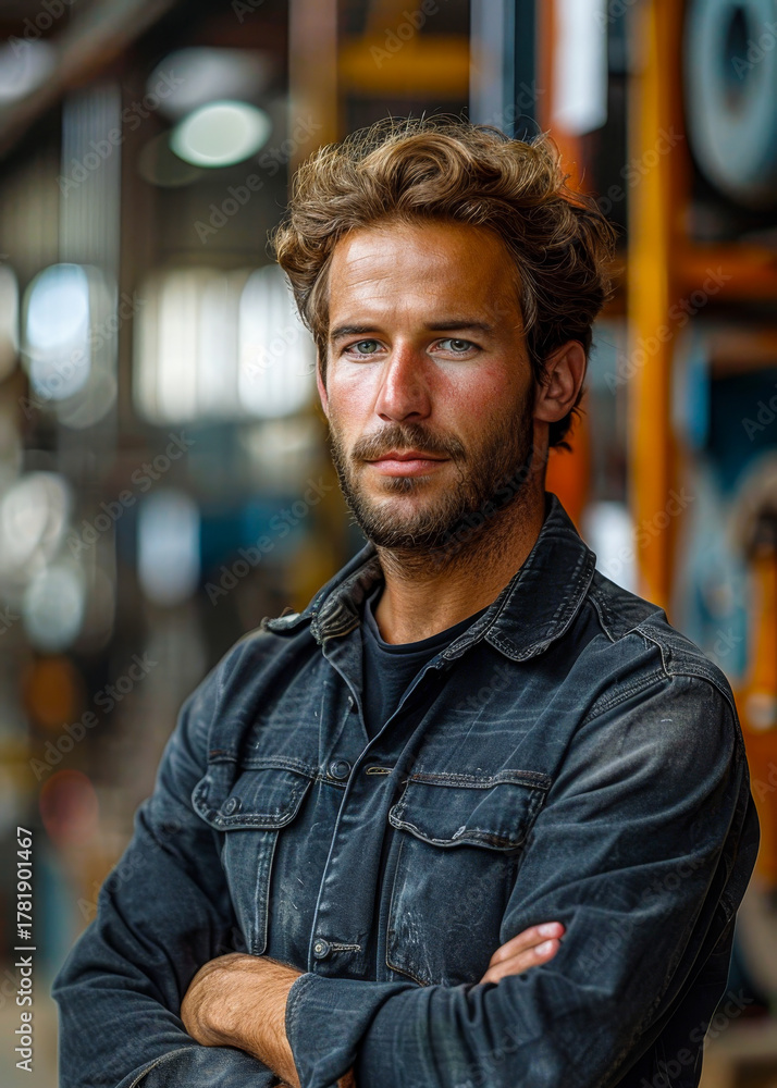 Fototapeta premium Confident Young Male Employee in Industrial Setting - Concept of Espionage, Serious Expression, Daylight