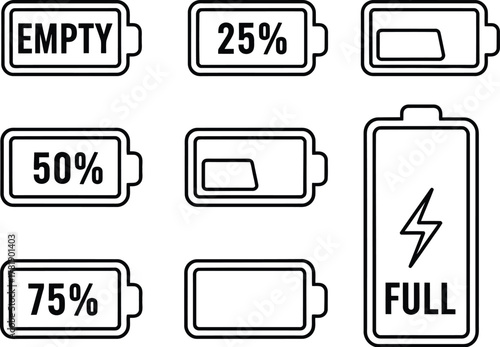 Battery level indicators empty 25 percent 50 percent 75 percent and full with lightning bolt vector