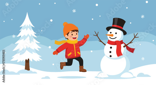 Joyful child in winter attire running towards a classic snowman in a snowy landscape.