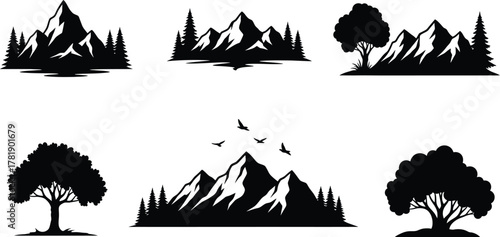 Black silhouette mountain range with pine trees deciduous trees and flying birds mountain range silhouette
