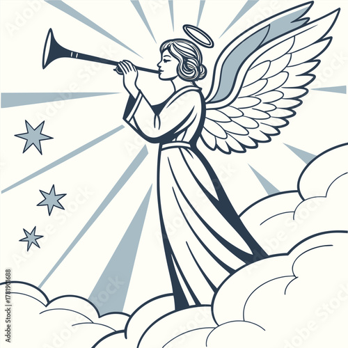 angel with wings and halo blowing trumpet among clouds with stars and rays in spiritual scene
