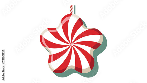 Festive Star Ornament: A whimsical star-shaped ornament, swirled with red and white stripes, hangs suspended against a bright backdrop, embodying the holiday spirit.