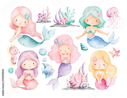 Watercolor Illustration Set of Mermaids and Sea Creatures