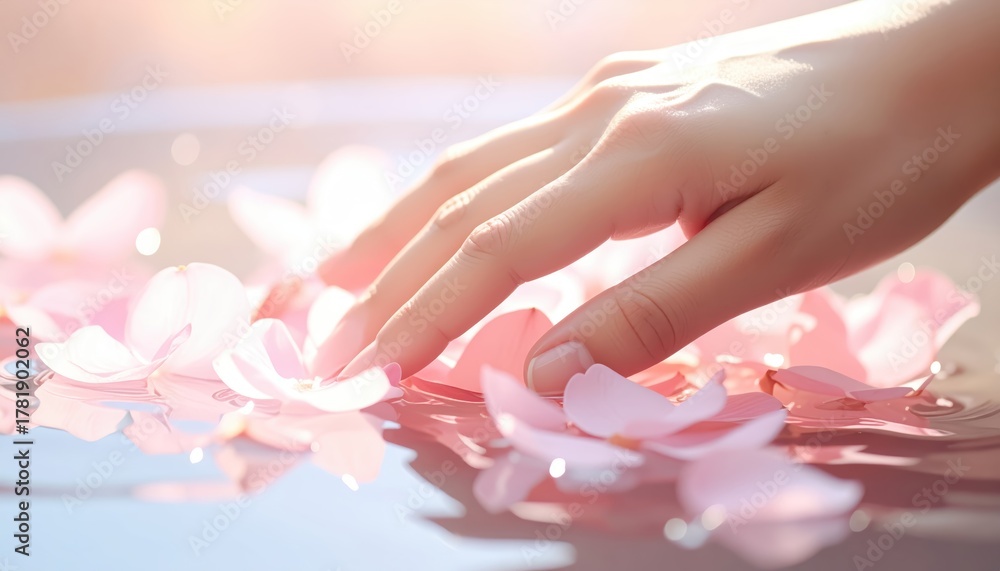 Naklejka premium Human hand gently touching delicate flower close up shot shows human hand making gentle contact with vibrant flower petals in nature