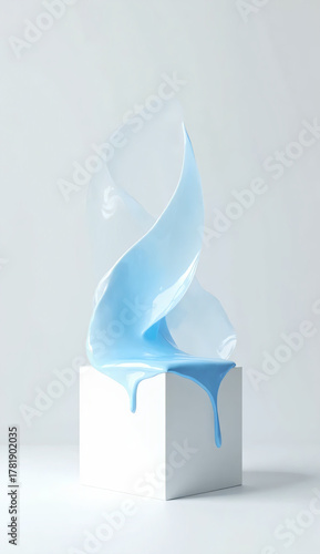 pure white cube on a neutral light grey background with glossy blue paint dripping gently on the top edge of the cube