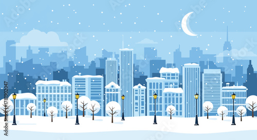 Snowy cityscape with modern buildings and bare trees under a crescent moon.