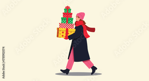 Woman in winter clothing carrying a stack of colorful Christmas presents.