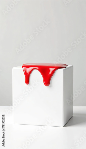 pure white cube on a neutral light grey background with glossy red paint dripping gently on the top edge of the cube