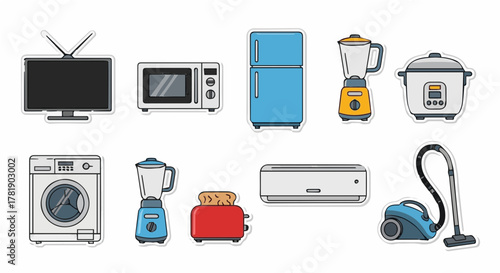 Flat Vector Electronics Sticker Set – TV, Oven, Fridge, Washing Machine, and Appliances