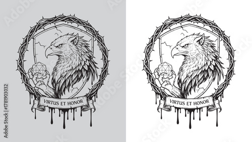 Gryphon Holding D20 Dice with Virtus Et Honor Banner Illustration