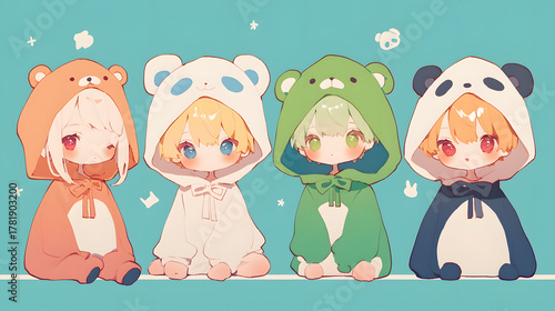 chibi kids wearing animal hoodies blair fox