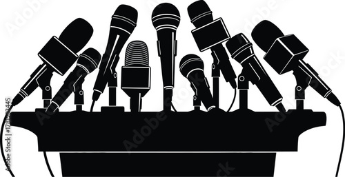 Press conference microphone on podium stage for media interview, Journalism, public speaking event coverage vector illustration silhouette icon set