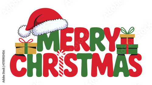 Festive Christmas Wishes: Joyful holiday greetings spelled out with Santa's hat and presents, perfect for spreading cheer during the festive season.
