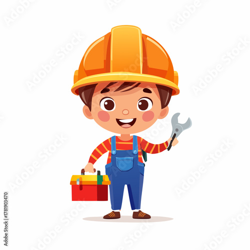 Adorable child construction worker character in a safety helmet, carrying a wrench and a toolbox. Cute cartoon vector illustration of a little handyman