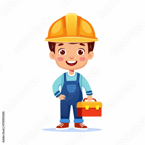 Cheerful Cartoon Builder with Toolbox and Helmet A Happy Construction Worker Illustration