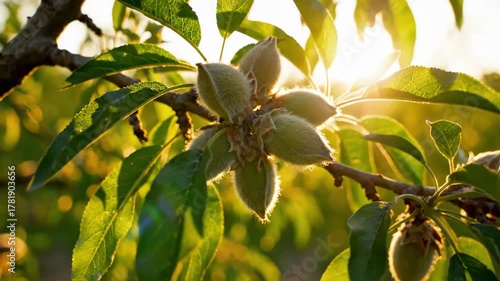 Cluster of fuzzy green almonds on a branch with sunlit leaves