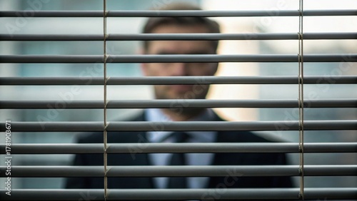 A blurred figure in a suit is seen through vertical blinds, conveying a sense of privacy and professionalism in an office setting.