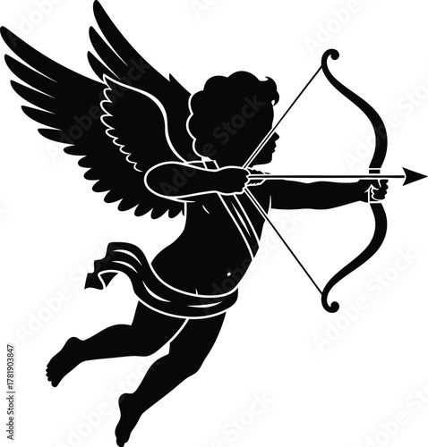Shooting arrow with a bow vintage cupid vector illustration silhouette. Holiday cupid for valentine day,  romance, love celebration. 