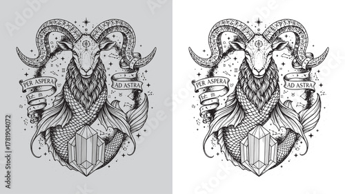 Mystical Capricorn Zodiac Sign with Constellation and Latin Motto 'Per Aspera Ad Astra'
