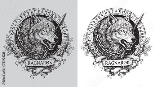 Fenrir Wolf in Chains with Spear, Runes, and Ragnarok Theme