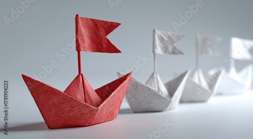 Origami paper boats line up, with the lead ship a vibrant red hue