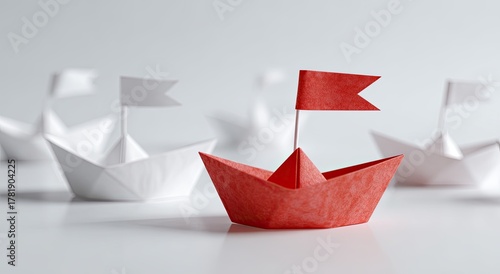Red paper boat leads white paper boat fleet, studio shot on a shiny white surface