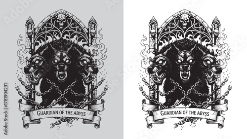 Cerberus Three-Headed Dog Guardian of the Abyss with Gothic Arch