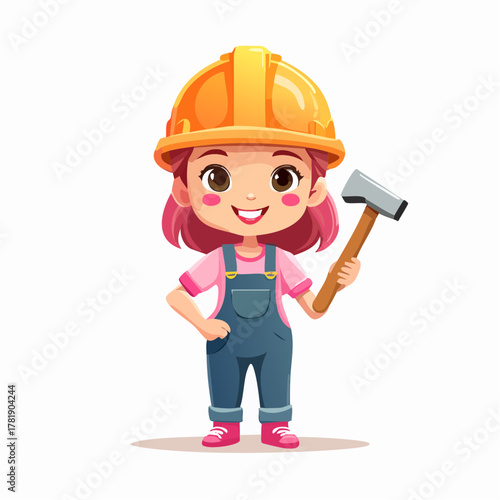 Charming Construction Worker Girl with Hammer, Ready to Build with a Smile, Adorable Character Illustration