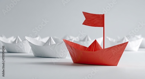 Red paper boat leads a fleet of white paper boats on a plain, bright surface