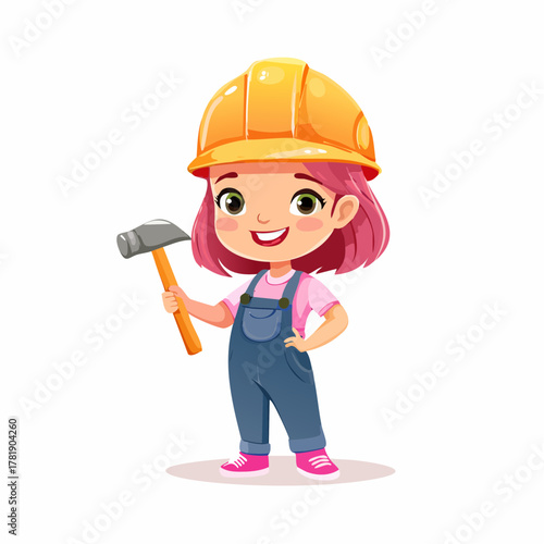 Adorable young construction worker girl with a hammer and safety helmet, ready for the job