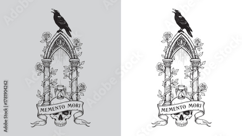 Memento Mori Skull with Gothic Arch, Hourglass, Raven, and Thorns