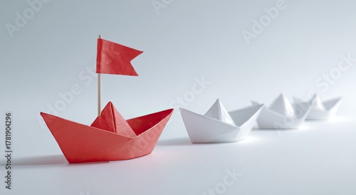 Red origami boat leads white boats on clean background, leadership or navigation metaphor