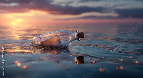 Glass bottle floats, a paper message is inside, on calm water under a sunset sky