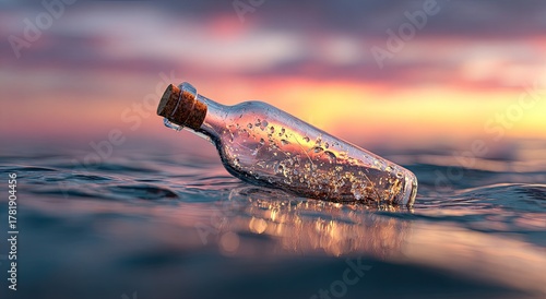 Glass bottle adrift in ocean waves with stunning pink and orange sunset backdrop