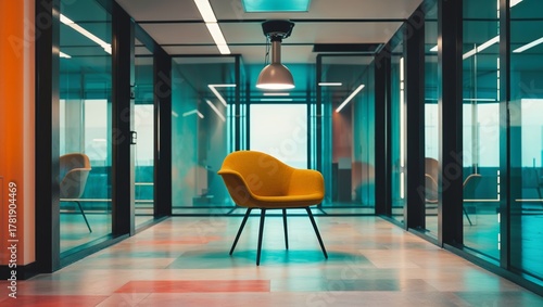 Modern yellow chair in minimalist office space with glass walls and bright lighting fixture.