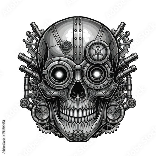 Intricate steampunk skull with glowing eyes, gears, and metallic details for edgy designs