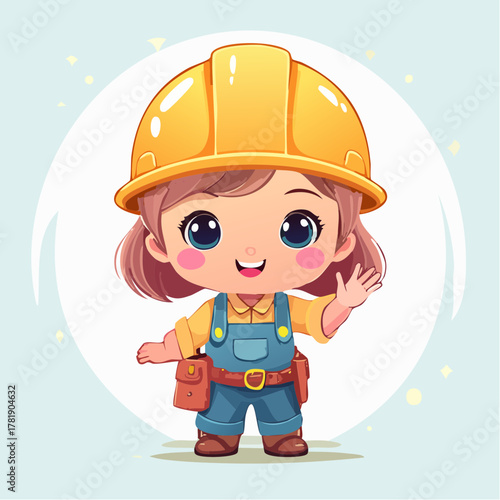 Charming vector illustration of a cute chibi girl builder with big eyes. The happy construction worker character wears a helmet and tool belt, waving with a smile